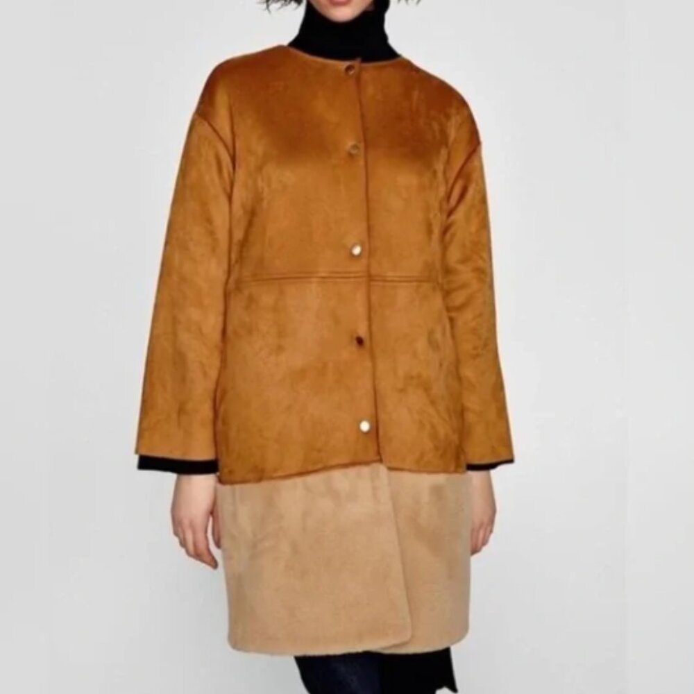 Zara Ladies Coat Faux Suede Sheepskin Shearling  Fur Lightweight Tan Cream  S - Picture 2 of 16